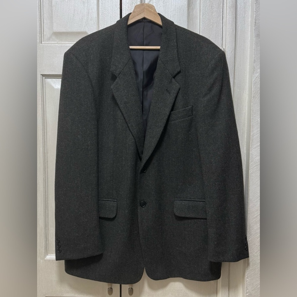 Oleg Cassini Men’s 42R Dark Green Herringbone Sport Coat Wool Tweed Blazer